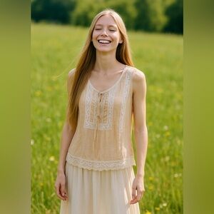 NWOT POL Clothing Tan Lace Boho Tie Front Relaxed Blouse Top Size S